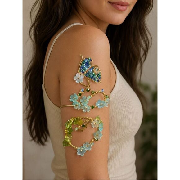 Hand Crafted Jewelry - Woodland Magic adjustable butterfly gold tone floral arm cuff whimsical fairy co
